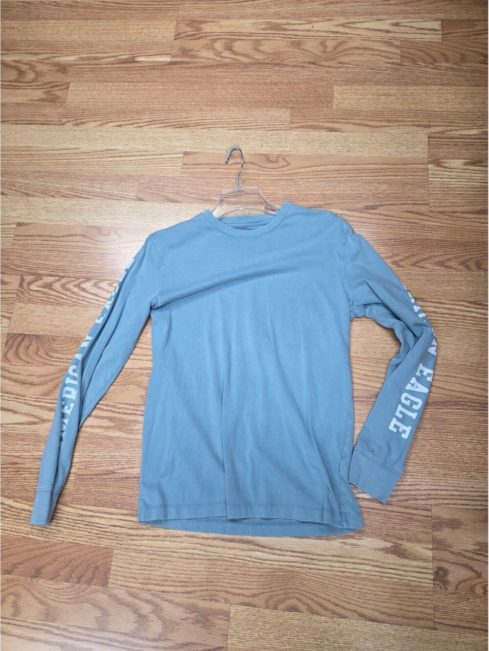 American Eagle Long Sleeve Crew Neck T-Shirt in Blue with Sleeve Logo XS Cotton